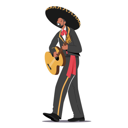 Mexican Musician Perform on Carnival Playing Guitar at Cinco De Mayo Festival. Mariachi Music Player Male Character Singのイラスト素材