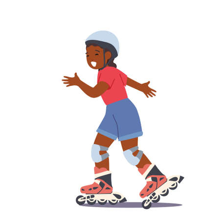 African Girl Riding Roller Skated, Happy Little Kid Sports Activity and Recreation. Child Character Wear Helmet Funのイラスト素材