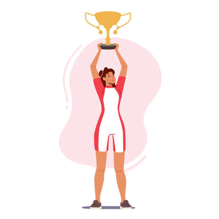 Sport Success, Victory Celebration Concept. Sportive Female Character Wear Uniform Celebrate Victory Holding Golden Cupのイラスト素材