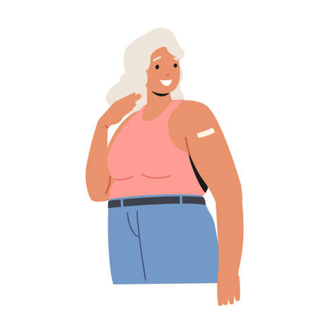 Old Positive Lady with Patch on Shoulder, Vaccinated Senior Character Isolated on White Background. Elderly Woman Healthのイラスト素材