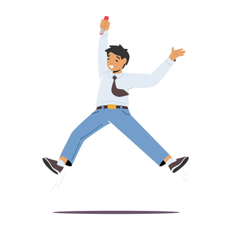 Childhood, Fun and Motion Concept. Happy School Child Jumping Isolated on White Background. Little Boy Happily Playingのイラスト素材