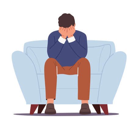 Anxious Man Sitting on Sofa Cover Face with Hands, Crying, Feel Frustrated. Depressed Businessman Suffer of Depressionのイラスト素材