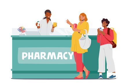 Characters Shopping in Pharmacy Store, People Purchase Drugs and Paying on Counter Desk. Customers Buying Medicationsのイラスト素材