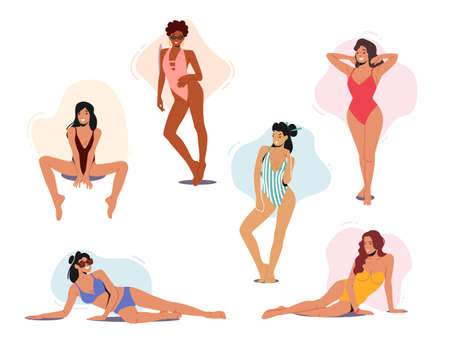 Set of Woman Posing in Swimsuits, Young Sexy Female Characters Wear Bikini and One-piece Swimwear Posing on Beachのイラスト素材