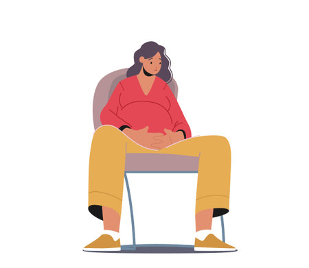 Sad Pregnant Mother Needs Psychological Help, Young Female Character with Big Belly Sitting on Chair with Upset Faceのイラスト素材