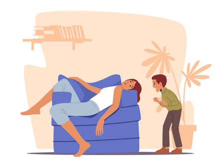 Tired Mother Sleeping on Armchair at Home with Child Yelling. Parent with Hyperactive Kid, Sleepy Mom Character Fatigueのイラスト素材