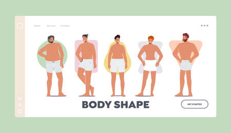 Body Shape Landing Page Template. Men Body Figure Types, Handsome Persons Posing. Male Characters Hourglass, Triangleのイラスト素材