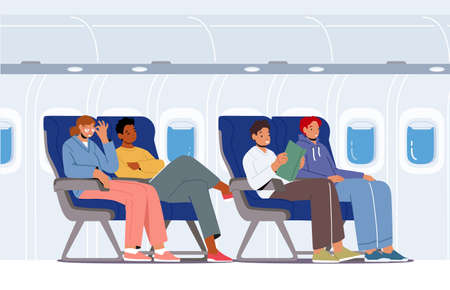 Young People Sitting at Comfortable Airplane Seats Reading Book, Relaxing, Sleeping during Flight, Passengers Air Travelのイラスト素材