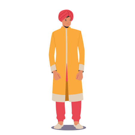 Young Indian Man wear Yellow Long Robe, Red Turban and Pants. Male Character Wear Traditional Clothes Isolated on Whiteのイラスト素材