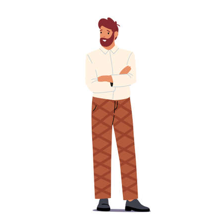 Stylish Man Stand in Self-Confident Posture. Male Character Wear Casual Clothes with Crossed Arms Isolated on Whiteのイラスト素材
