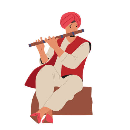 Tradition, Art, Culture and Music of India Concept. Indian Street Musician Character Playing Traditional Music on Fluteのイラスト素材
