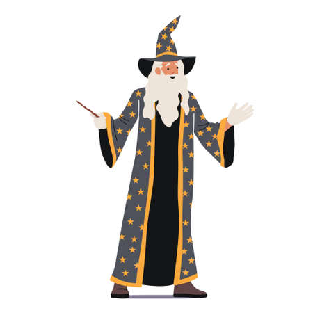 Old Magician or Astrologer with Wand, Wizard Character Making Spell. Merlin or Dumbledore Halloween Personage with Beardのイラスト素材