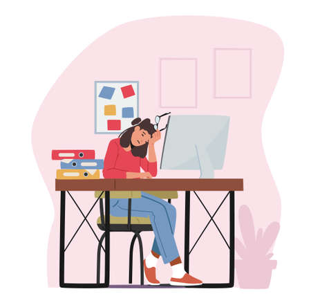 Tired Overloaded Business Woman with Glasses in Hand Sit with Closed Eyes at Computer Trying to Figure Out Informationのイラスト素材