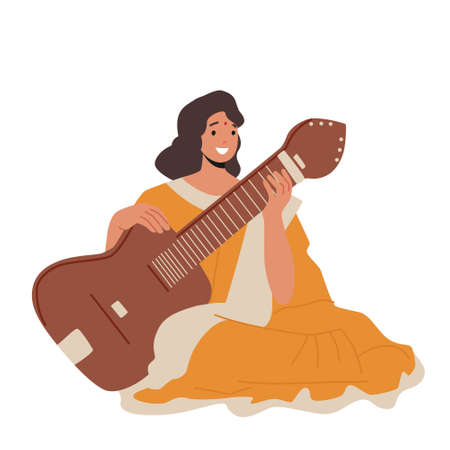 Traditional Indian Artist Character, Musician Woman in National Clothes Playing Sarangi Isolated on White Backgroundのイラスト素材