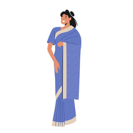 Indian People Concept. Positive Female Character Wear Blue Sari Traditional Clothes Isolated on White Backgroundのイラスト素材