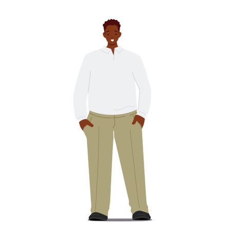 Young Positive African Fashioned Business Man, Single Male Character Wear Shirt and Green Trousers Isolated on Whiteのイラスト素材
