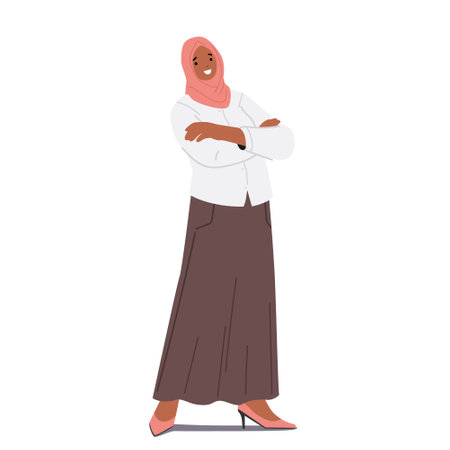 Arabic Business Woman with Crossed Arms. Arabian Female Character Dressed in Traditional National Hijab and Long Skirtのイラスト素材