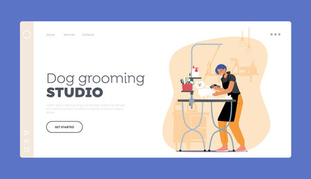 Dog Grooming Studio Landing Page Template. Hairdresser Groomer Female Character Trimming Cute Dog in Salon, Pet Stylingのイラスト素材