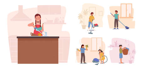 Set of Children Characters Housework Duties. Boy and Girls Washing Dishes on Kitchen, Vacuuming and Sweeping Floorのイラスト素材