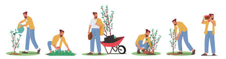 Set Gardening Works, Reforestation, Nature and Ecology Concept. World Environment Day, Characters Planting Seedlingsのイラスト素材