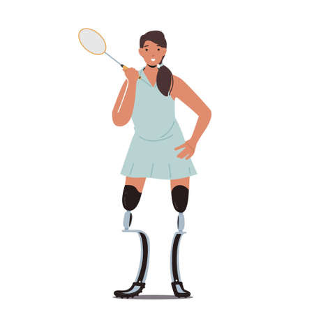 Woman Athlete Tennis Player with Legs Prosthesis, Amputee Girl Holding Racket. Disabled Paralympic Sportswomanのイラスト素材