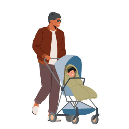 Man Walking With Child in Carriage Isolated on White Background. Dad on Maternity Leave, Single Father Conceptのイラスト素材