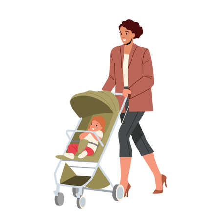 Maternity Concept. Young Mom and Little Baby in Stroller Walk Together. Mother Character Walking With Child in Carriageのイラスト素材
