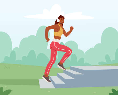 Sport Activity, Jogging and Healthy Lifestyle Exercise. Happy Female Character in Headphones Run on Street Yardのイラスト素材