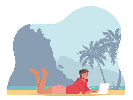Young Businesswoman Freelancer Character Lying on Beach Read Information on Laptop and Enjoying Outdoors Relaxのイラスト素材