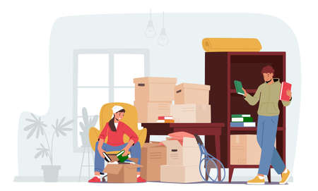 Young Couple Characters Moving into New Home, Man and Woman Unpacking Cardboard Boxes with Booksのイラスト素材