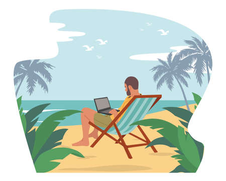 Relaxed Businessman Freelancer in Summer Wear Sitting on Daybed on Exotic Tropical Beach with Palm Trees Work on Laptopのイラスト素材