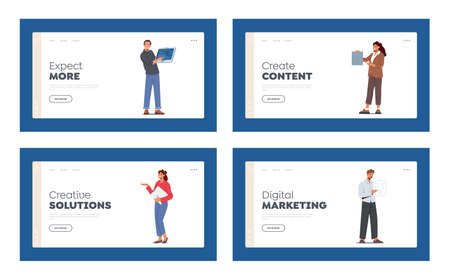 Presenters Characters Presenting With Devices and Banners Landing Page Template Set. Happy People Pointing With Fingersのイラスト素材
