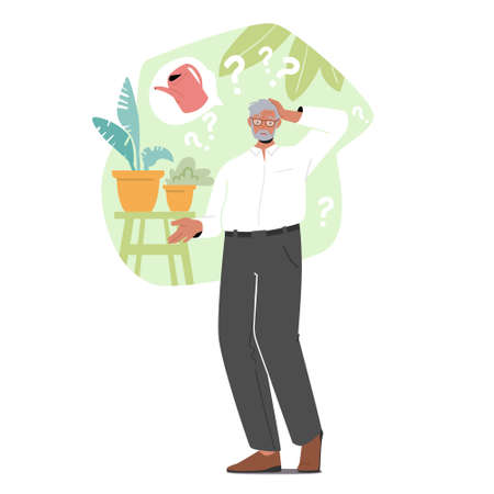 Dementia, Alzheimer Disease and Lost Memory Concept. Senior Man Forgot Watering Plants. Old People Mental Problemsのイラスト素材