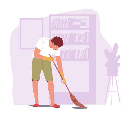 Home Routine, Chores, Household Duties in Living Room. Young Man Doing Domestic Work, Sweeping Floor with Broomのイラスト素材
