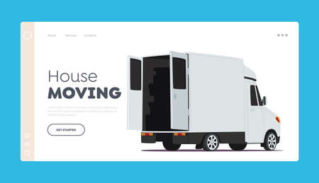 House Moving Landing Page Template. Cargo Truck with Open Door Rear View. Delivery Service Van, Lorry Ready for Shippingのイラスト素材