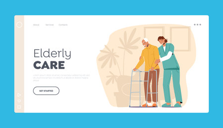 Old People Health Care Landing Page Template. Volunteer or Medic Help to Aged Man with Walking Frame at Nursing Houseのイラスト素材