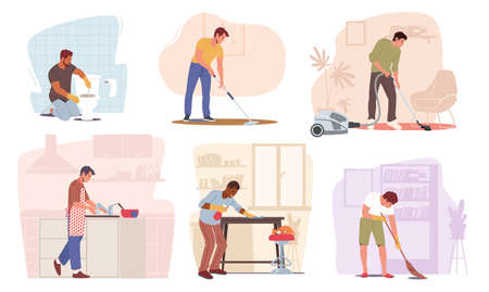 Set of Household Activities, Man Mopping, Sweeping and Vacuuming Floor, Cleaning Furniture with Duster, Washing Dishesのイラスト素材