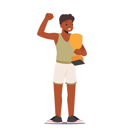Boy Win in Sports Competition, Joyful Kid Character Holding Great Prize, Happy Child Celebrating Victory, Holding Trophyのイラスト素材