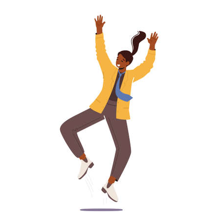 Happy Female Character Waving Hands, Rejoice and Jump. Office Woman Celebrate Success, Cheerful Girl Positive Emotionのイラスト素材