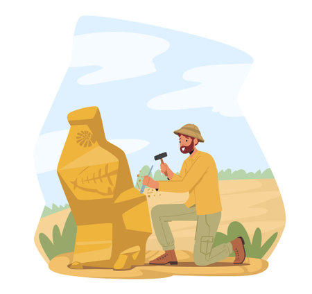 Archeologist Explore Ancient Geoglyphs and Paintings on Piece of Rock, Scientist Work on Excavations Exploring Artifactsのイラスト素材