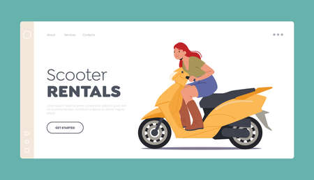 Modern Scooter Rentals Landing Page Template. Young Girl Riding Motorcycle. Excited Woman Driving Yellow Bikeのイラスト素材