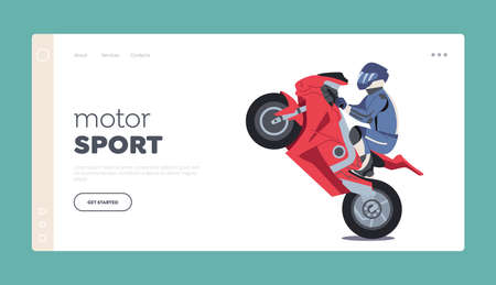 Motor Sport Landing Page Template. Motorcyclist Stuntman Male Character Riding Motorcycle Making Extreme Stuntsのイラスト素材