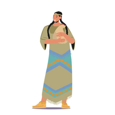 Indian American Girl with Pigtails Holding Chicken in Hands. Indigenous Female Character, Native Person in Tribal Dressのイラスト素材