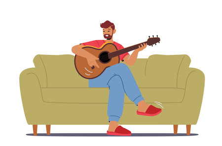 String Instrument Courses, Private Guitar Lessons, Education, Hobby. Mature Man Playing Guitar at Home. Learning to Playのイラスト素材
