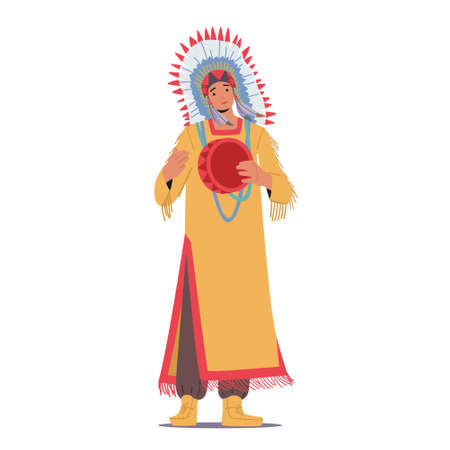 Indian American Chief or Shaman in Tribal Dress and Headwear with Feathers Play Tambourine and Sing. Native Indigenousのイラスト素材