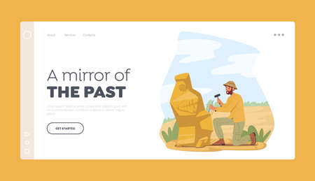 Prehistory Ages and Past Landing Page Template. Archeologist Explore Ancient Geoglyphs and Paintings on Piece of Rockのイラスト素材