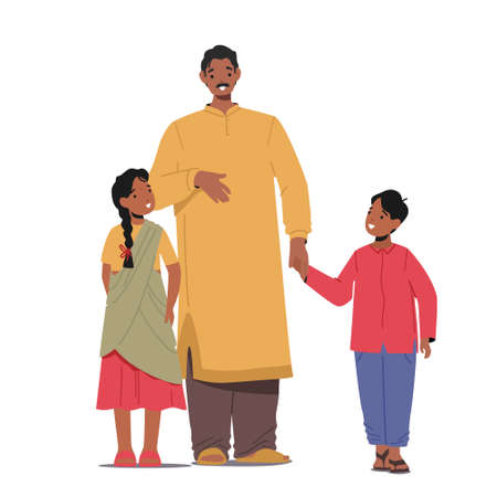 Indian Man Wear Long Yellow Robe and Brown Pants Holding Children by Hands, Father Character in Traditional Clothesのイラスト素材