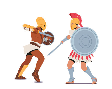 Gladiators Male Character Fighting on Coliseum Arena, Ancient Roman Armored Spartan Warriors Fight on Swords, Soldiersのイラスト素材
