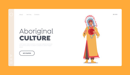 Aborigonal Culture Landing Page Template. Indian American Chief in Tribal Headwear with Feathers Play Tambourineのイラスト素材