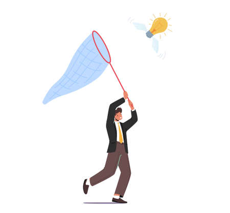 Businessman Character Chasing Flying Light Bulb Trying to Catch with Butterfly Net Isolated on White Backgroundのイラスト素材
